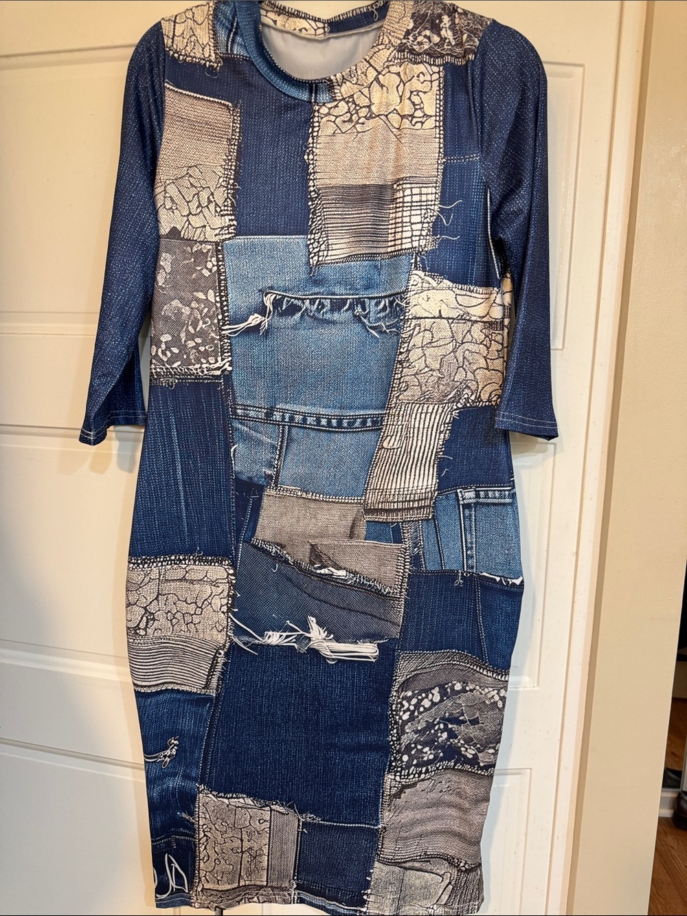 SHEIN Blue Patchwork Print Long Sleeve Sheath Dress